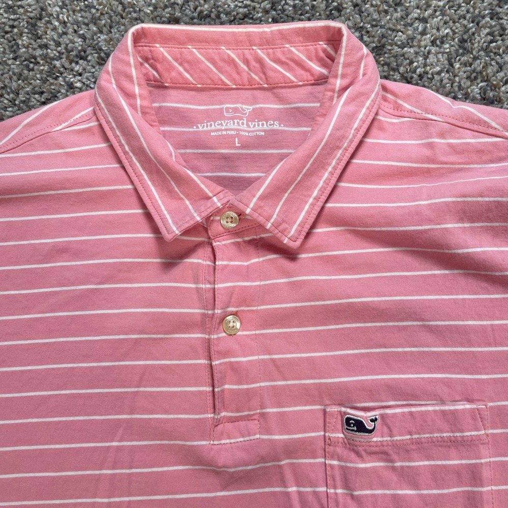 Vineyard Vines Men's Large Polo Shirt Pink Striped Pocket Cotton Short Sleeve
